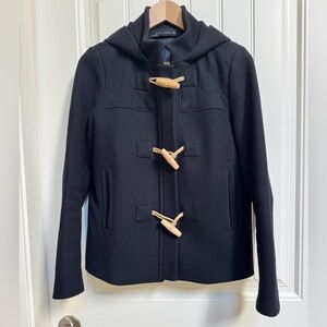 Zara Woman Black Wool Blend Hooded Duffle Coat. Size S